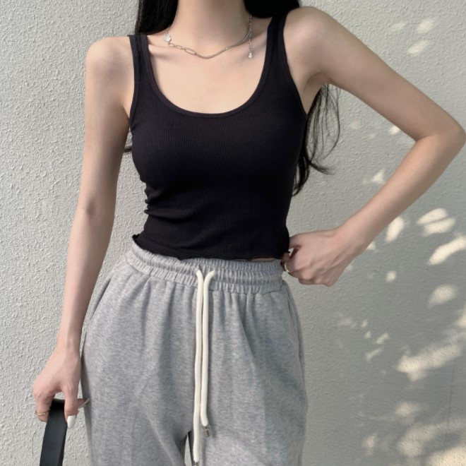 Feminin Bra Sport Yoga Tank Top Atasan Wanita Dengan Tali Trap tanktop korea kekinian-Hitam