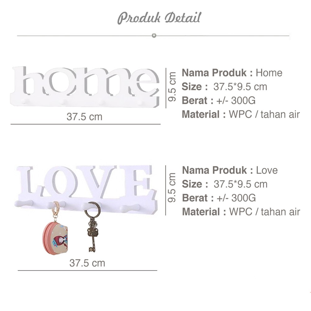 Rak Dinding Vintage Motif LOVE Dengan 4 Buah Hook