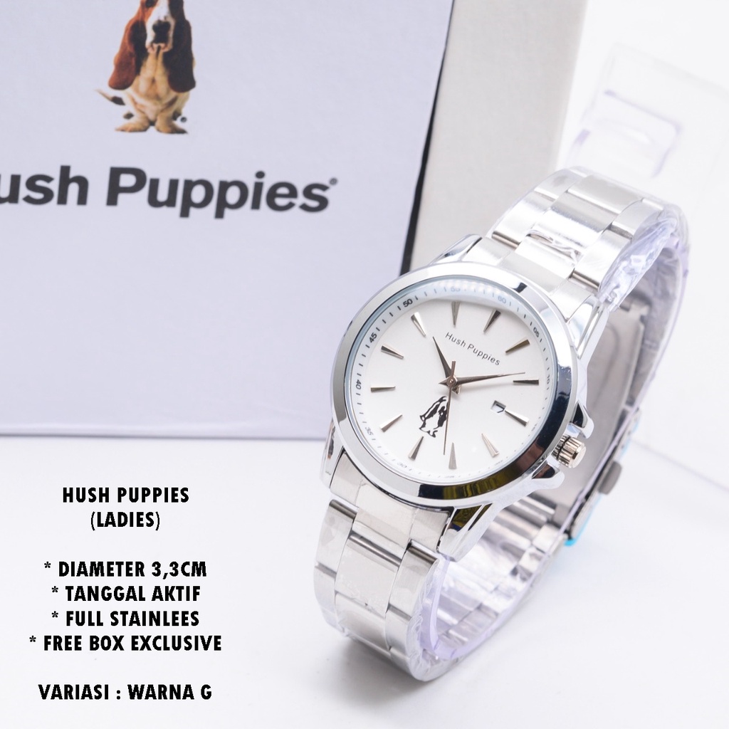 (BISA COD) JAM TANGAN WANITA HUSH PUPPIES H-069 RANTAI BODY BULAT TANGGAL AKTIF