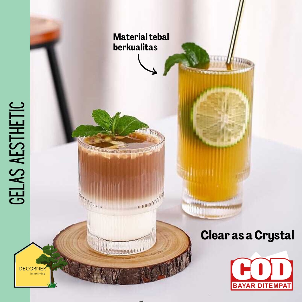Gelas Kaca Tinggi Cafe Aesthetic Desain Strip Origami Tebal Stackable
