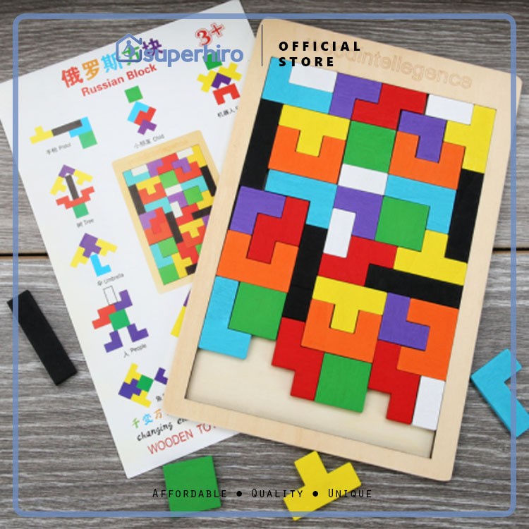 Mainan Edukasi PUZZLE BLOCK TETRIS WOOD Kayu Melatih Motorik Kado