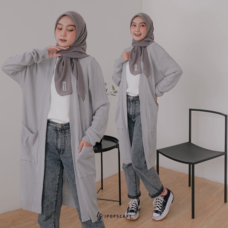 LUMA LONG CARDI | cardigan rajut panjang, soft knit cardigan-SILVER