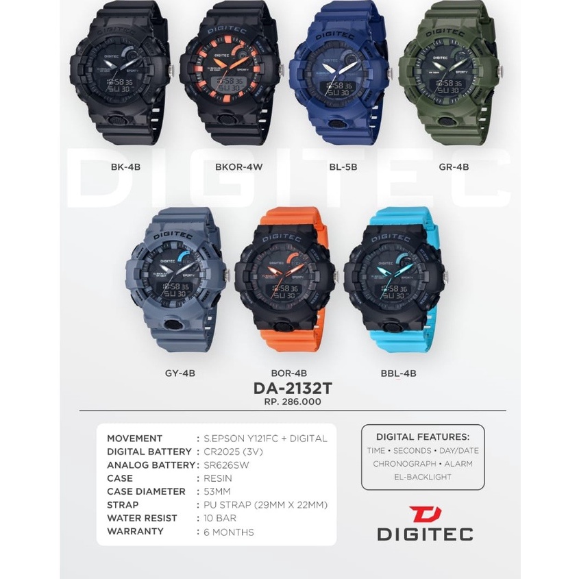 Jam tangan pria digitec DA-2132 dualtime original strap rubber garansi resmi 1 tahun