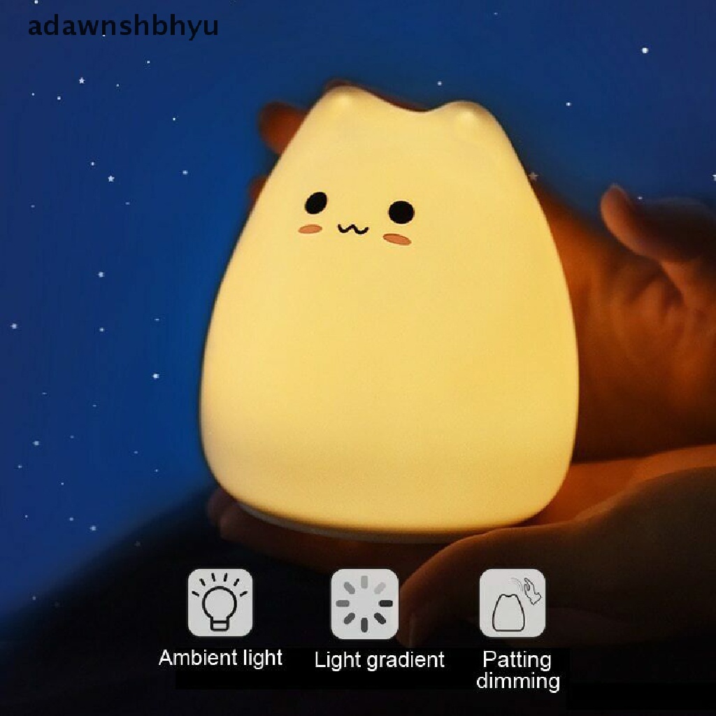 (adawnshbhyu) Lampu Malam LED 7 Warna Bentuk Kucing Lucu Bahan Silikon Dengan Sensor Sentuh