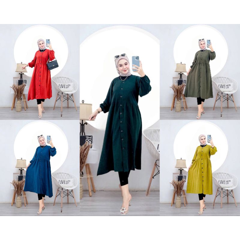 Dress long tunik midi dress full kancing depan busui