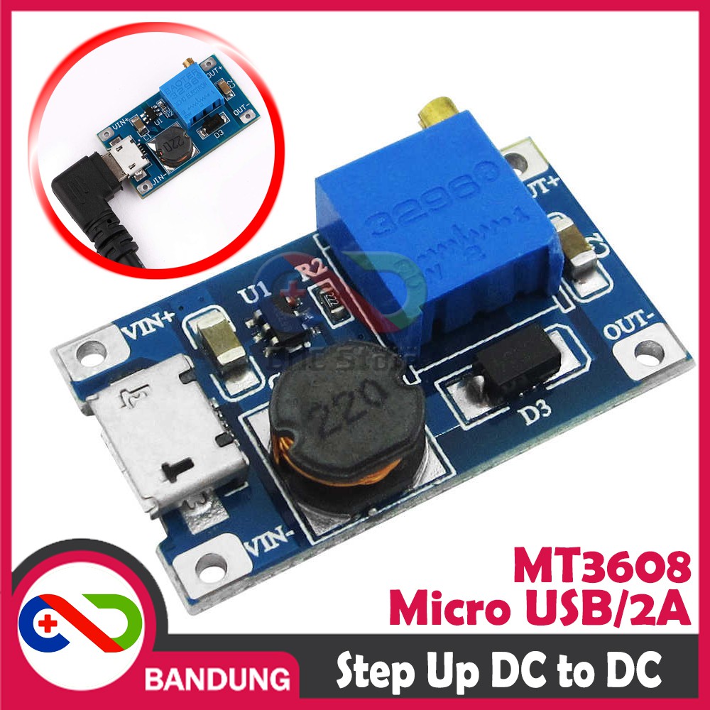 MT3608 ADJUSTABLE STEP UP BOOST DC MICRO USB 2A 2V-24V TO