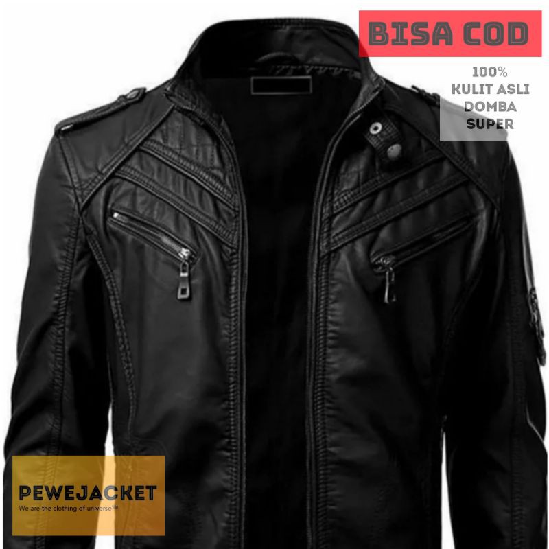 JAKET PRIA KULIT ASLI DOMBA SUPER WARNA HITAM MODEL KASUAL (BISA COD)