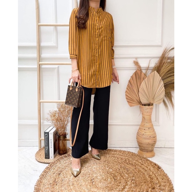 ( COD ) kemeja tunik stripe / kemeja tunik salur / bahan woolpeach & rayon / real picture