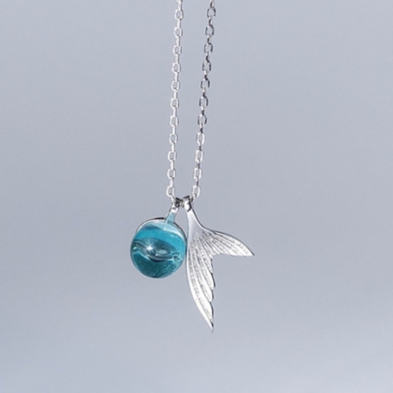 [Ready Stock]Fashion New Aquamarine Stone Man Fish Tail Crystal Pendant Necklace