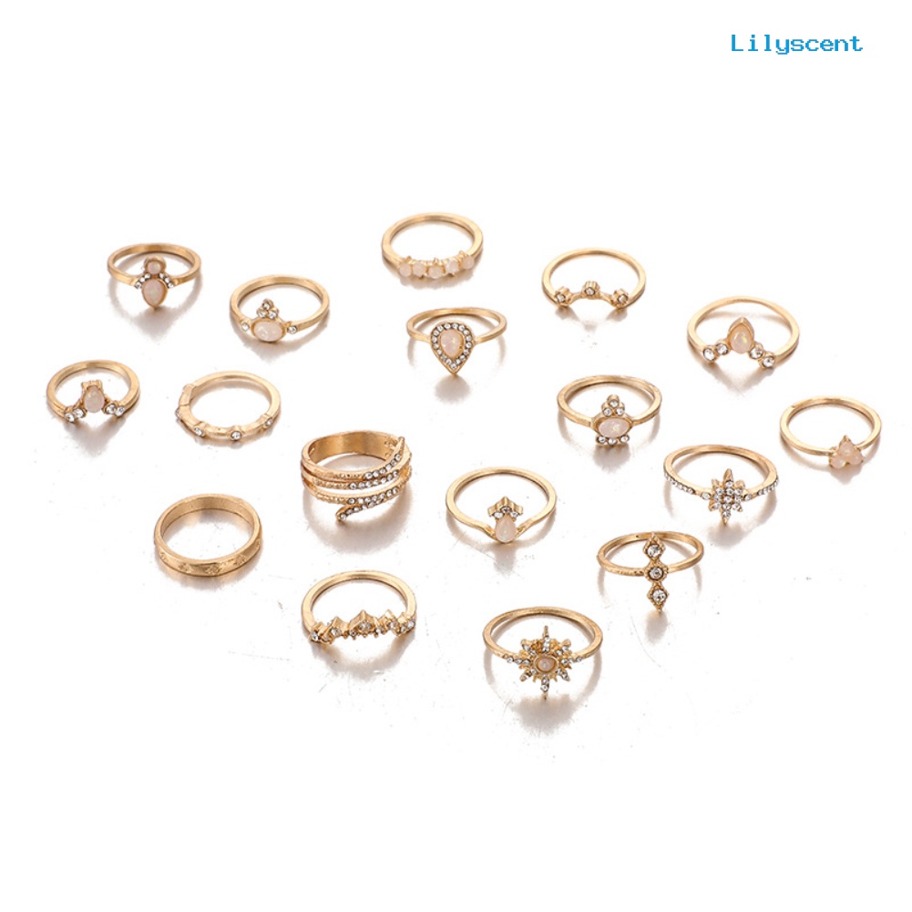 17pcs / Set Cincin Jari Bentuk Bunga Aksen Berlian Imitasi Gaya Bohemian Untuk Wanita