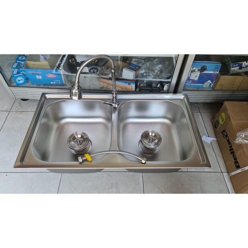 Bak cuci piring stainless 2 lubang 78x43x20 PAKET KRAN