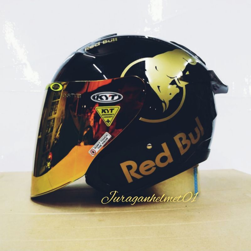helm half face kyt Kyoto paket ganteng black glossy red bull