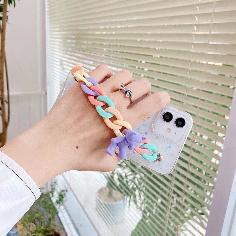 Transparan Glitter Case with Chain Pastel Bear Oppo Reno 7 6 5 4 3 2 Pro A54 A55 A76 5G 4G A33 A53 A5 A7 A9 2020 Redmi Note 10