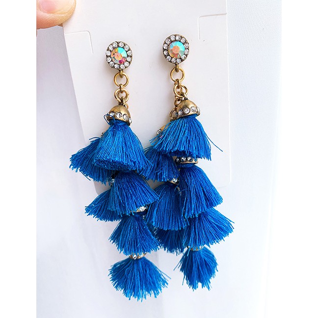 LRC Anting Tusuk Fashion Green Alloy Diamond-studded Tassel Earrings F7352X