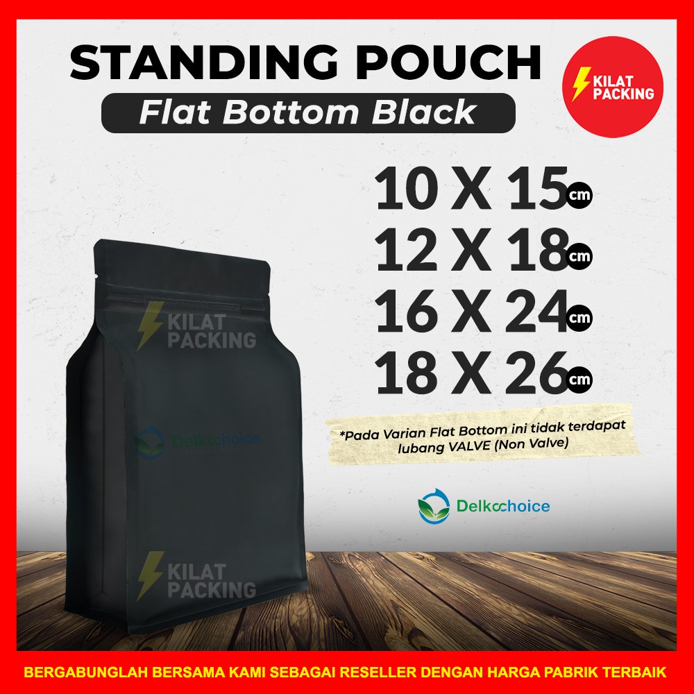 Standing Pouch Kemasan Flat Bottom Hitam / Plastik Klip Premium Termurah Satuan