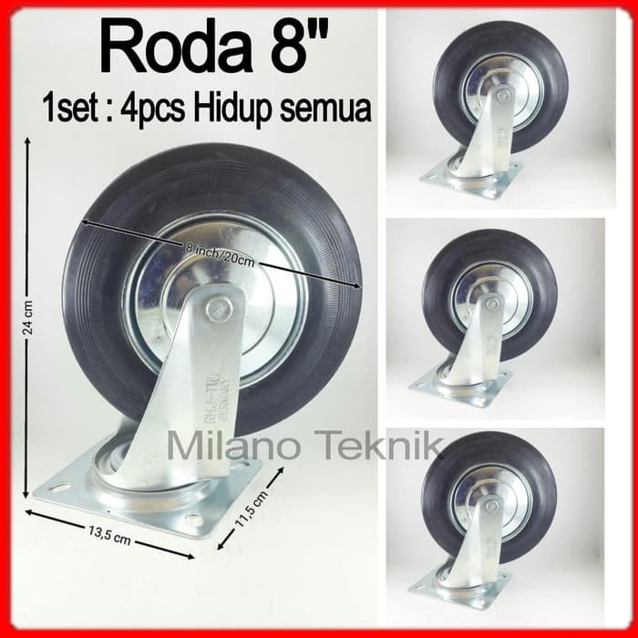 Roda Troli 8&quot; 1set(4pcs hidup) Roda Karet 8inchi etalase 8 inch Troly