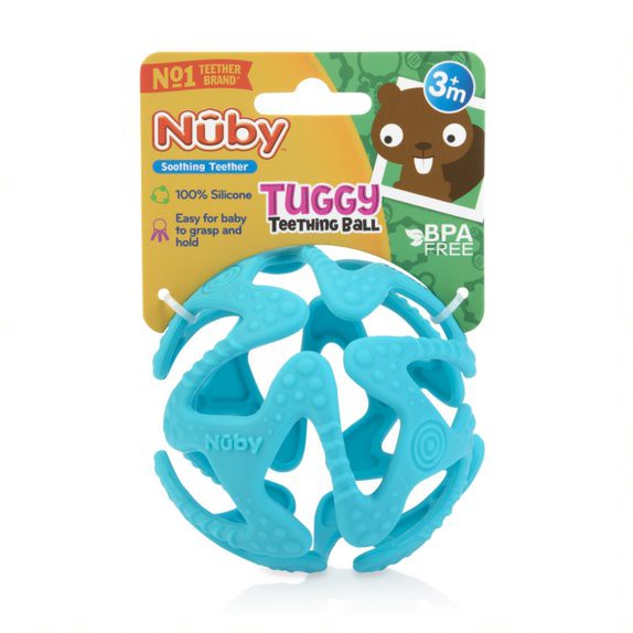 Nuby Baby Teether Tuggy Ball Mainan Gigitan Bayi Silikon Blue