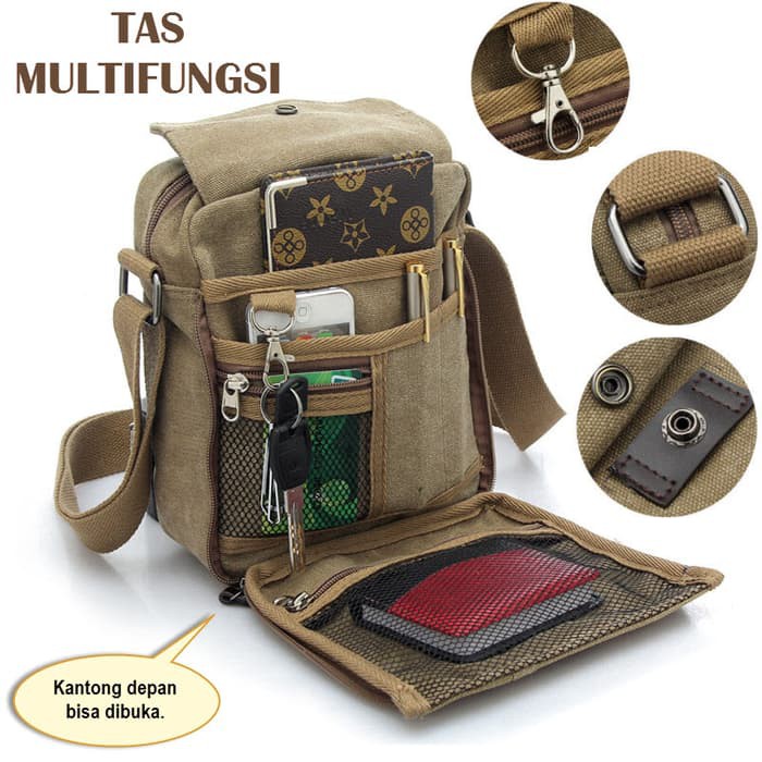 Tas Selempang Kecil Multifungsi Pria Tas Bahu Kanvas Muat Hp Tablet