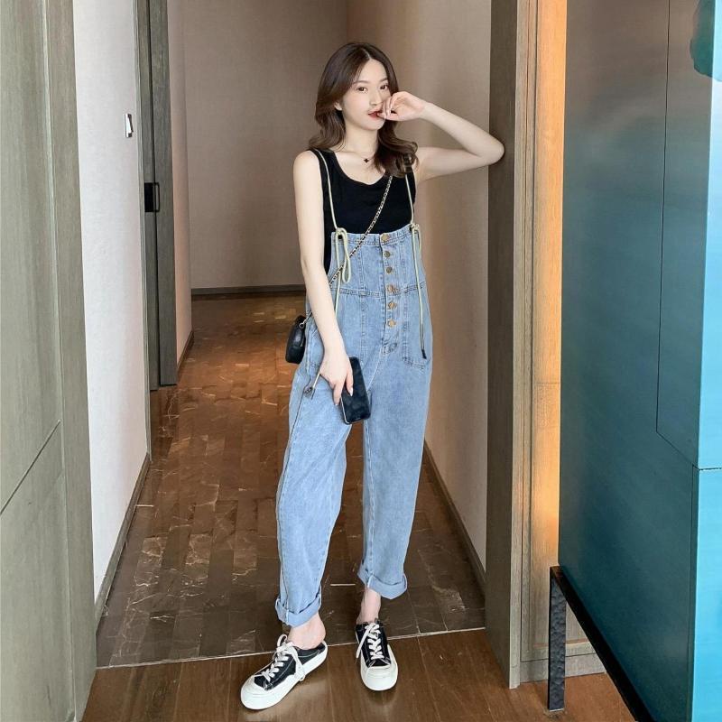 Musim semi dan musim panas baru overall denim all-match gaya Hong Kong untuk siswa perempuan jumpsui