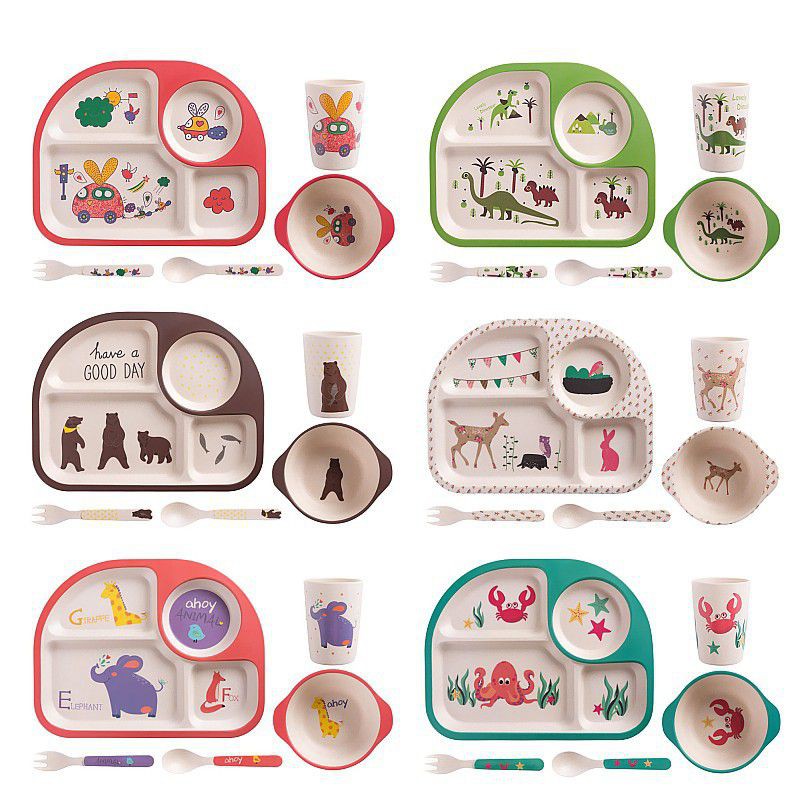 Bamboo Fiber Feeding kids Set Peralatan makan bayi Piring anak persegi / piring bamboo bambu