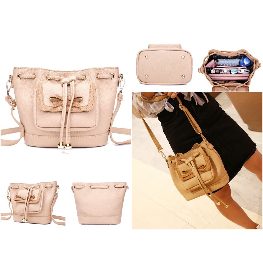 tas selempang serut coklat muda beige import wanita sederhana pita bag