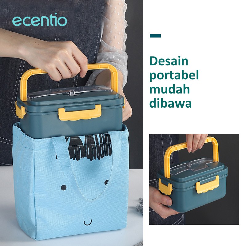 ecentio 3 Grids 1500 ml Lunch Box With Free Sendok dan Sumpit BPA Free Kotak makan portabel