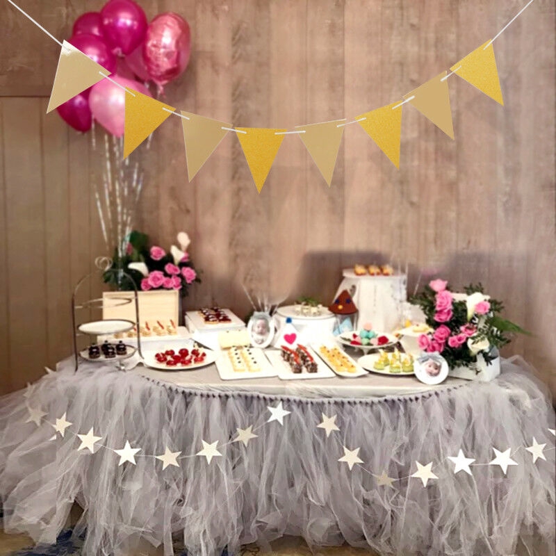 Spanduk Bendera Kertas Glitter Bentuk Segitiga Warna Emas Untuk Dekorasi Pesta Ulang Tahun Pernikahan Baby Shower