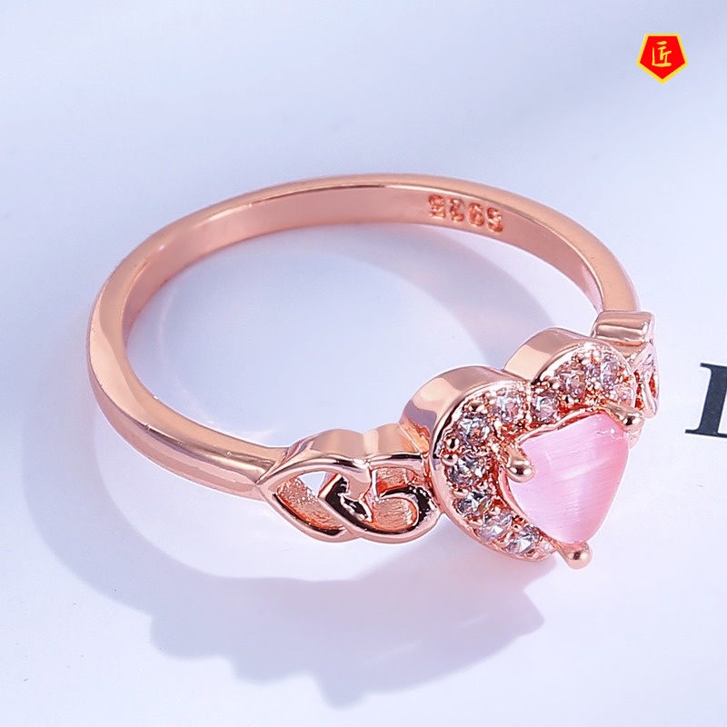 [Ready Stock]Fashion Popular Rose Gold Heart-Shaped Pink Crystal Ring