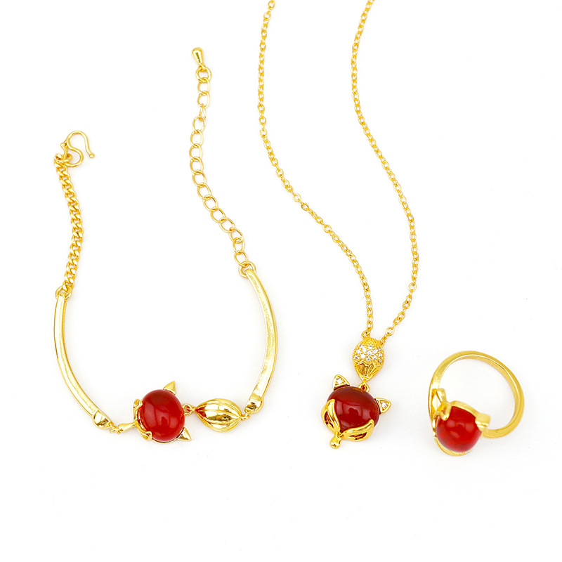 Set Kalung Gelang Dan cincin Desain Rubah Merah Gaya korea Untuk Wanita