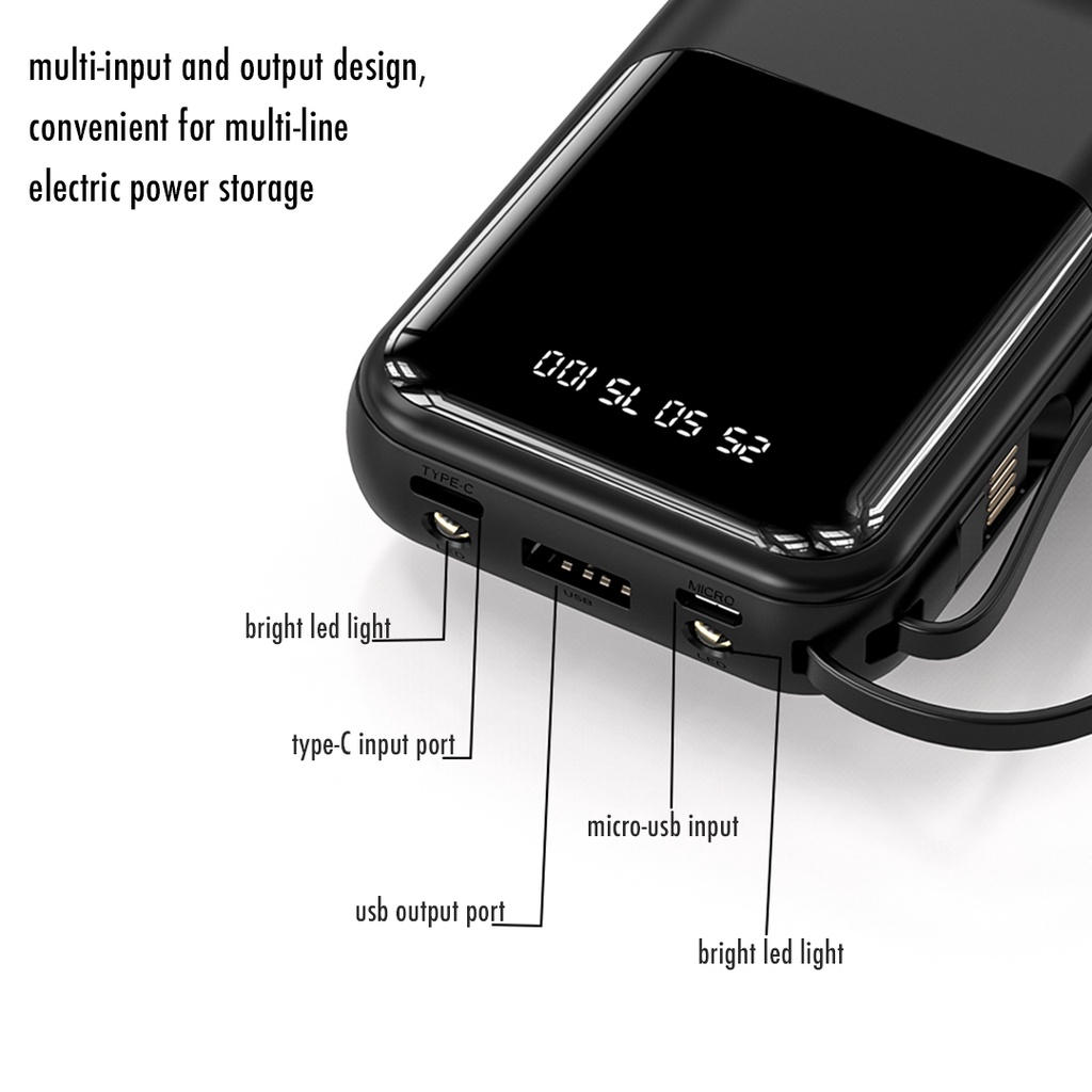 BENCO Powerbank 12000 mAh Quick Charge Fast Charge dengan 4 Kabel Data Micro USB Lightning Type-C dan Senter Power Bank Built in Cable LED Display Mini Size Android iOS Real Capacity