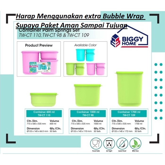 Toples Bulat Set Isi 3 Palm Spring Biggy / Toples Kue Makanan Serbaguna / Thinwall 600ml 1000ml 1700