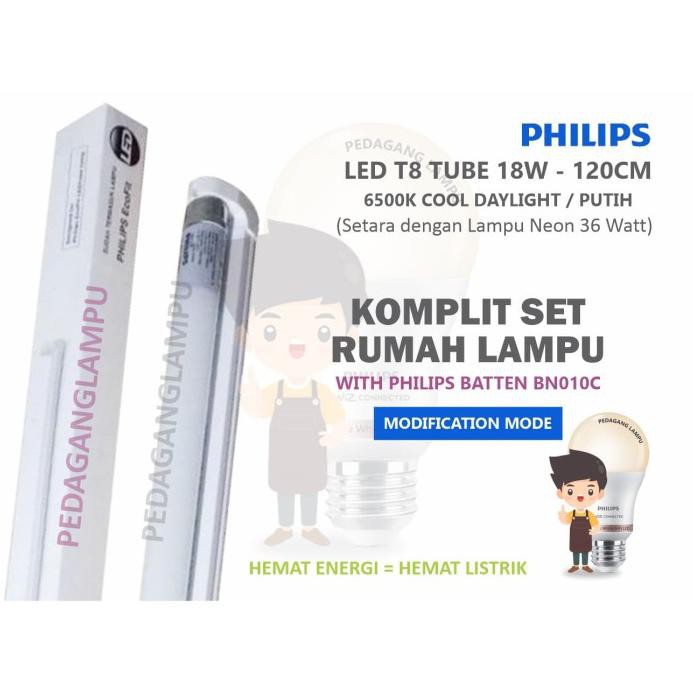 LAMPU LED PHILIPS TL T8 18W 18WATT KOMPLIT DENGAN KAP BATTEN 6500K