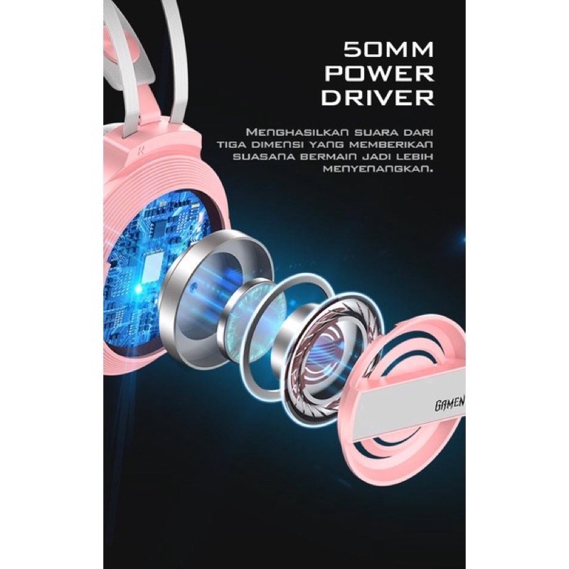 Ready Stok Headset Earphone Headphone Gaming Cat Ear GH1100 PINK LED 50MM Power Driver