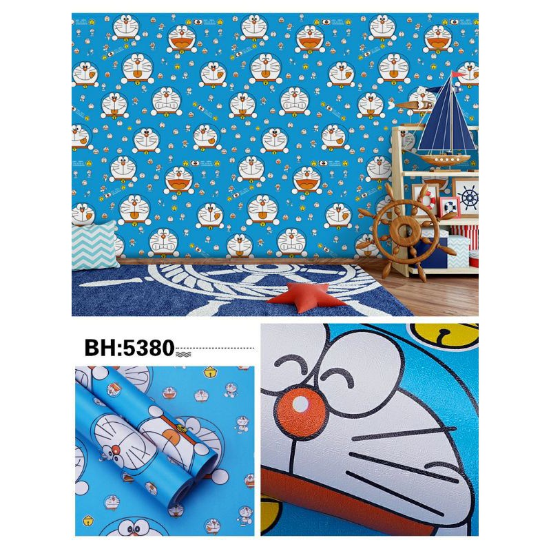 Wallpaper Dinding Motif Doraemon Kepala Ukuran Panjang 10Meter x Lebar 45CM