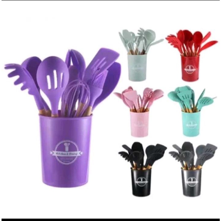 (RS)SILIKON KITCHEN SET UTENSIL 12 PCS SPATULA SUTIL ALAT DAPUR LENGKAP FULLSET FREE WADAH