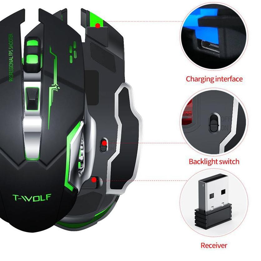 ♪ MOUSE GAMING WIRELESS LED RGB T-WOLF Q13 (RGB) SILENT MOUSE ❂