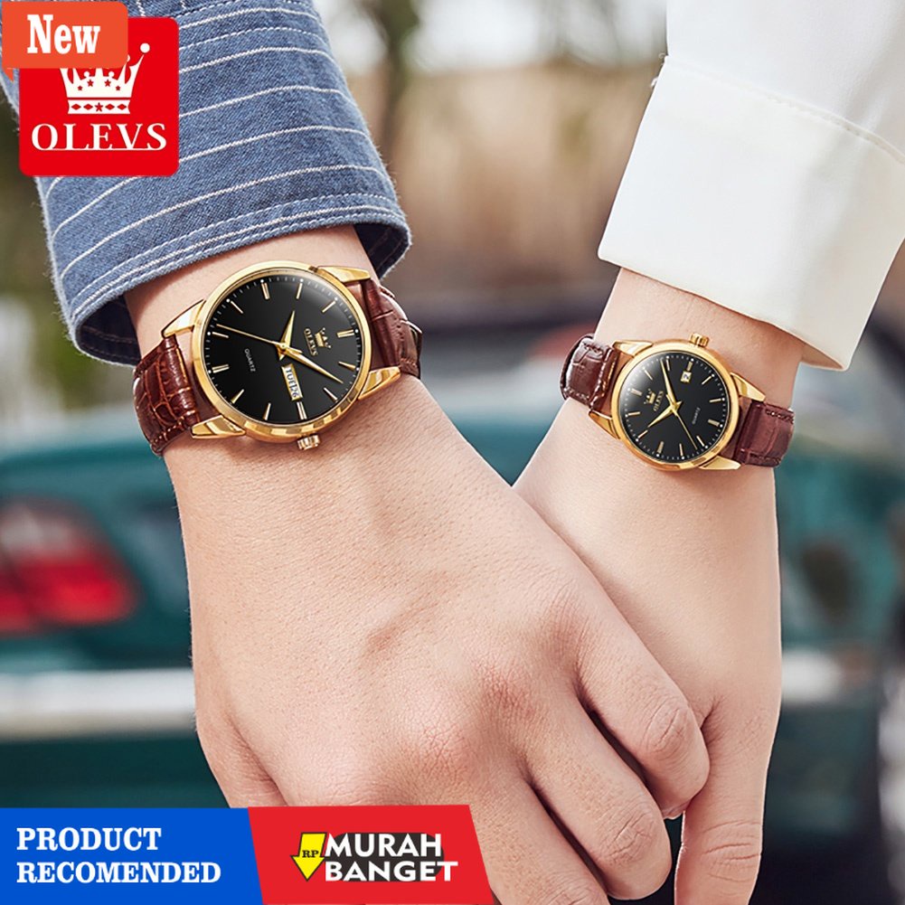 Jam tangan couple terbaik- OLEVS Jam Tangan Couple Original Anti Air Analog Kulit Terbaru 2022 Tangg