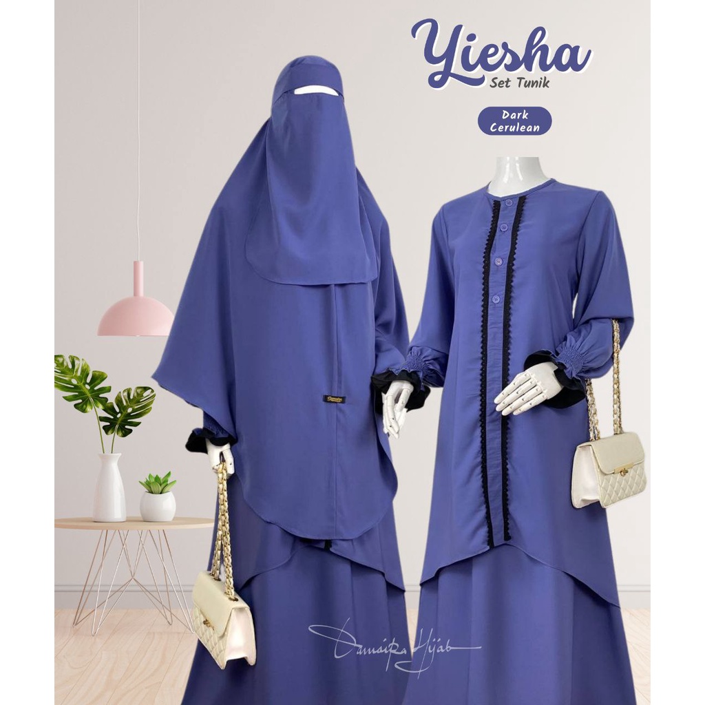 YIESHA SET TUNIK (Tunik + Rok + Jilbab Free Cadar Bandana) by DAMAIRA klambieakhwat BISA COD | bahan Wollpeach wolfis grade A busui friendly manset tangan smoke layer renda rajut khimar nonpad