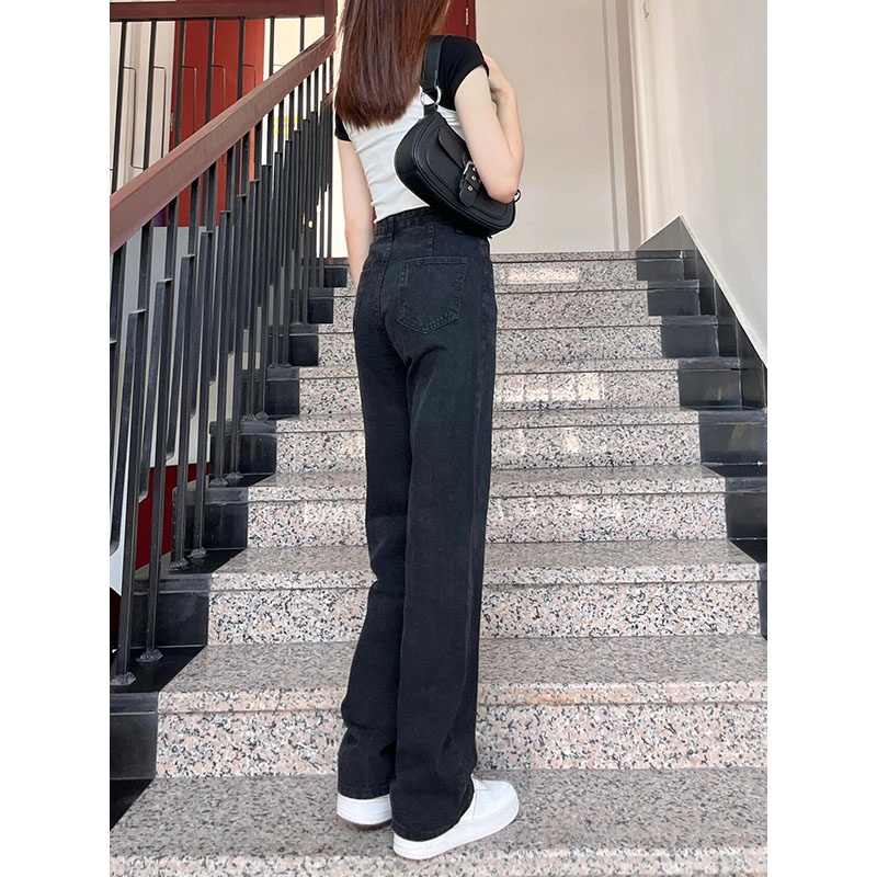 Celana panjang wanita baru slim-fit high-waist straight-leg wide-leg jeans celana highwaist wanita