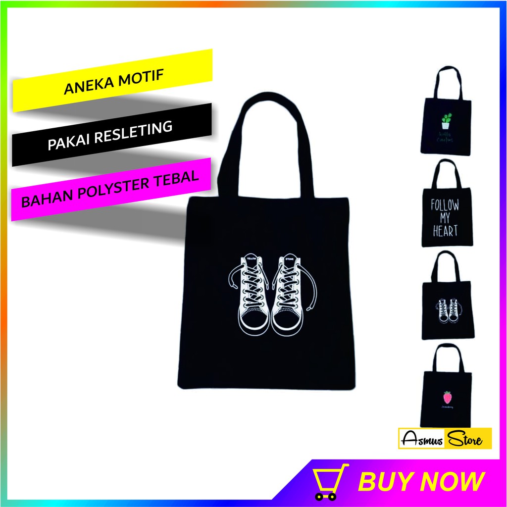 Tas Tote Bag Cewek Wanita Perempuan Murah Import Korea  Creative Eco Printed Black Women Tote Bag
