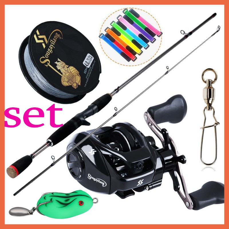 Set Joran Pancing + Baitcasting + Penggulung Senar 100m 4 Helai