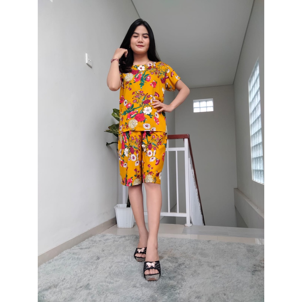 Piyama Pendek Lola Flower Rayon Super 03-MUSTARD LOLI FLOWER