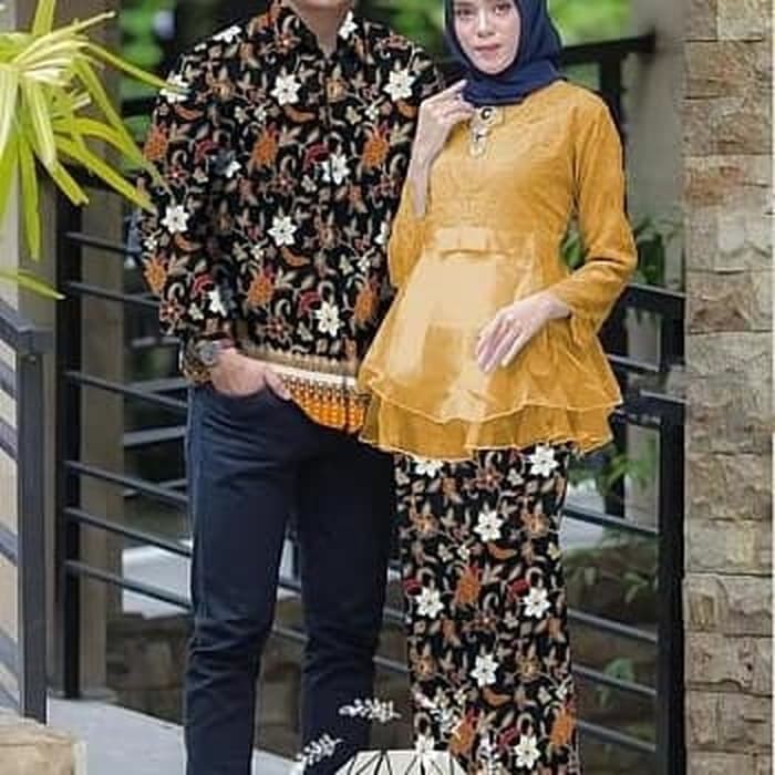 SETELAN KEBAYA MODERN COUPLE BATIK BAJU PESTA KONDANGAN MUSTARD       Terusan