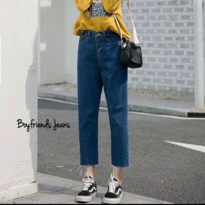 YAOSHI- Celana Panjang Pinggang Tinggi Wanita - Boyfriend Unfinish Jeans Vintage 27-34