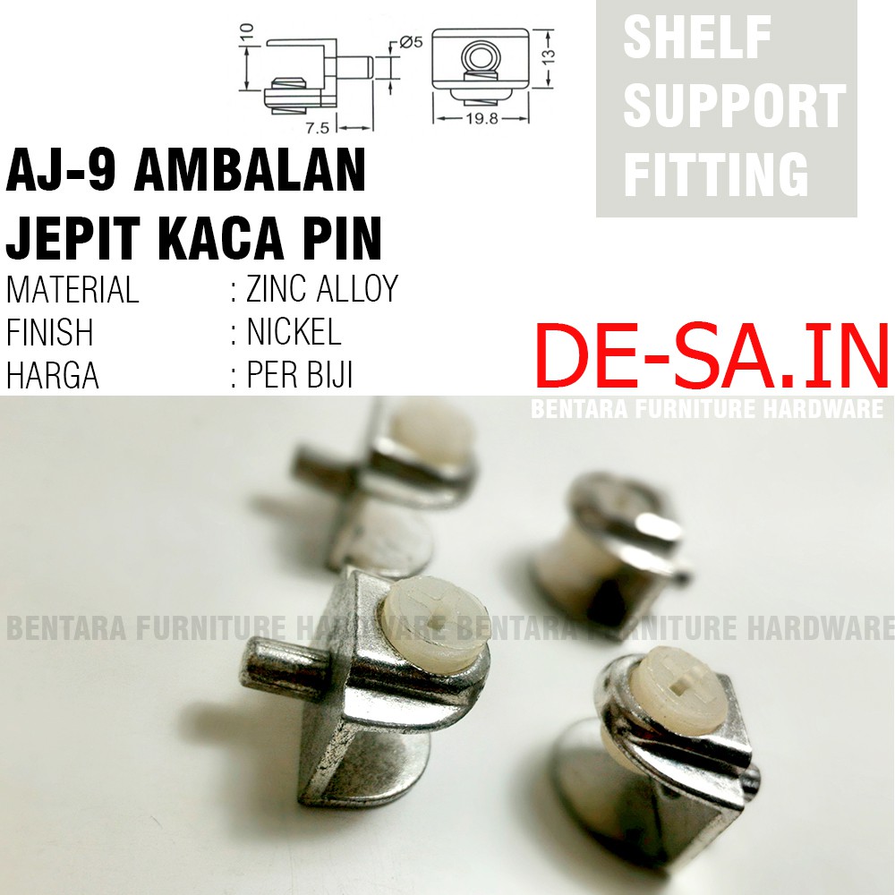 Harfit AJ9 - Ambalan Jepit Pin Untuk Kaca - Shelf Support Fitting