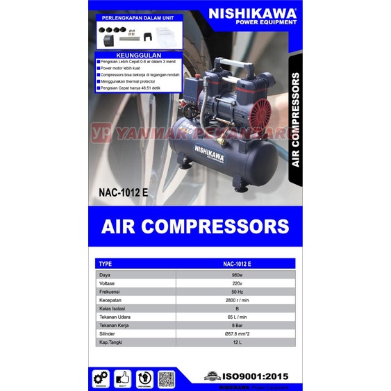 Nishikawa Oil Less AIR COMPRESSOR-KOMPRESOR ANGIN Tanpa Oli NAC-1012 E 1 HP 12 Liter