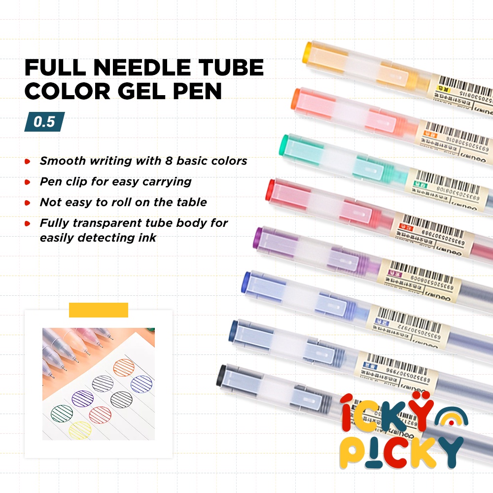 

[ickypicky] Deli Pena/Puplen Gel 8 Warna Dasar Gaya Muji 0.5 mm | Full Needle Tube Colors Gel Pen