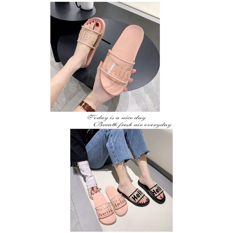 IDEALIFESHOES SENDAL SLOP TULISAN HELLO PINK DAN HITAM SEPATU WANITA ABG SENDEL SELOP CEWEK IMPORT