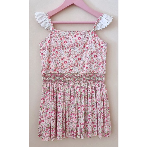 Pretty Stitches - Baju Anak, Smocked Sack Dress, Pink Roses on White, Size 3