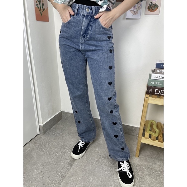 Celana Jeans Panjang Wanita Highwaist Baggy Jeans Motif Love X-3250